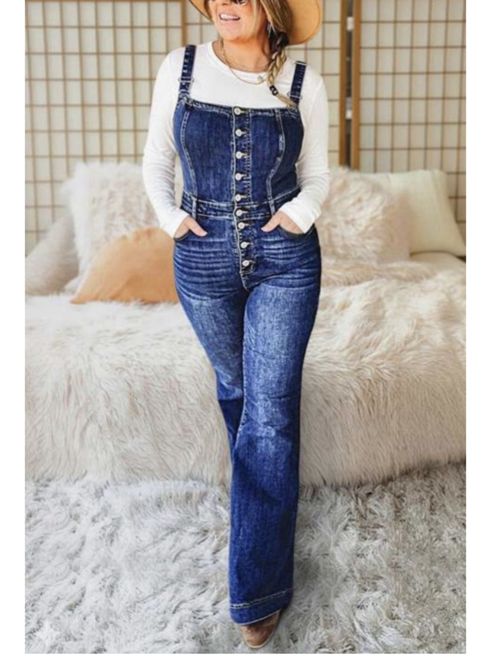 Stitch Button Fly High Waist Flare Leg Overalls L